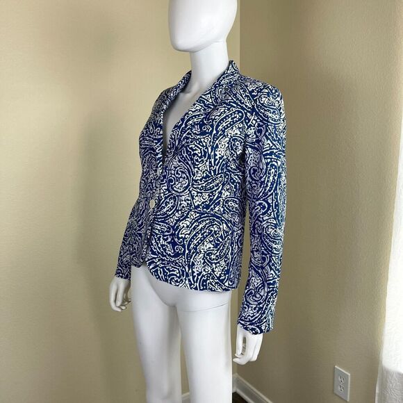 Talbots Womens Size 2 Blue Pasiley Cotton Double Breasted Blazer Jacket Nautical - Picture 10 of 15